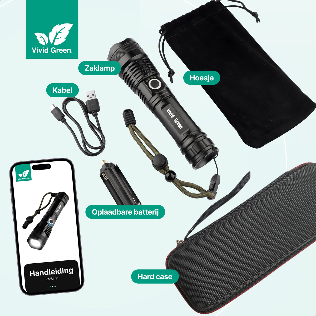 Lampe torche rechargeable Vivid Green 5000 mAh - 2500 lumens - Noir