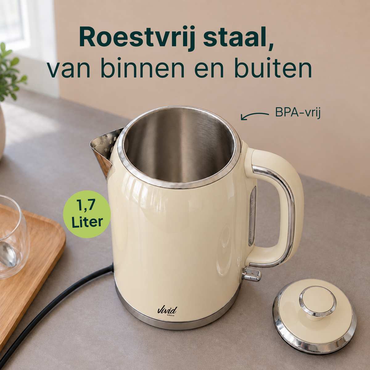 Vivid Green Luxe Waterkoker Retro Design - Creme